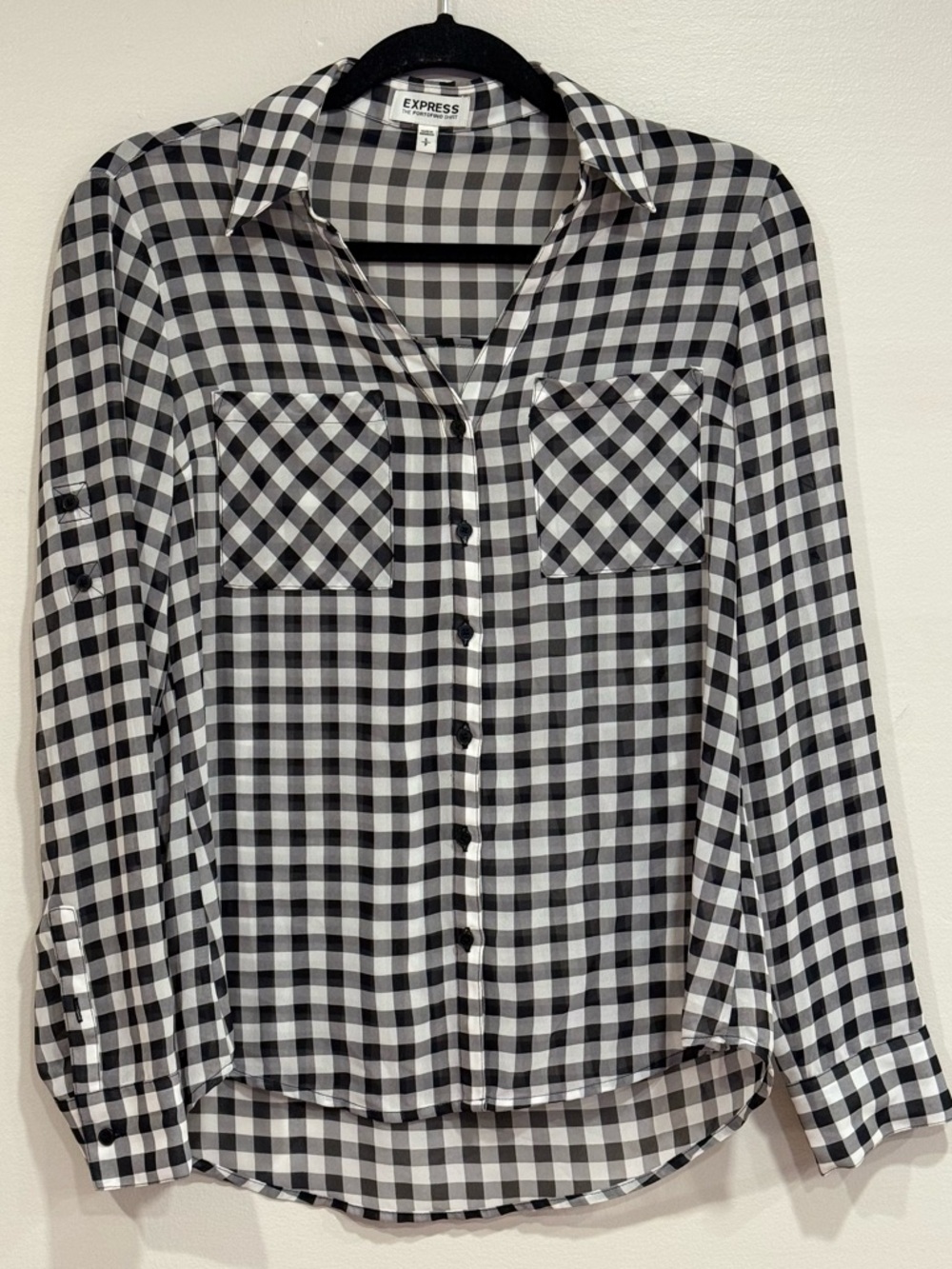 Express Portofino Shirt Black White Gingham Roll Tab Sleeve Blouse Women's Small